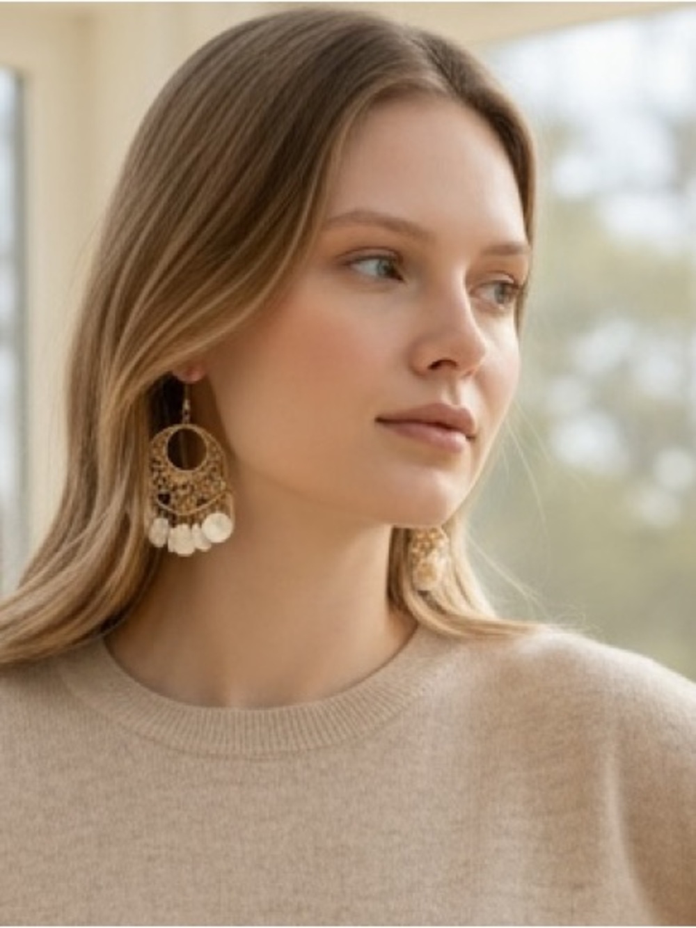 I Am Gold Filigree Hoop Earrings with White Shell Drops
